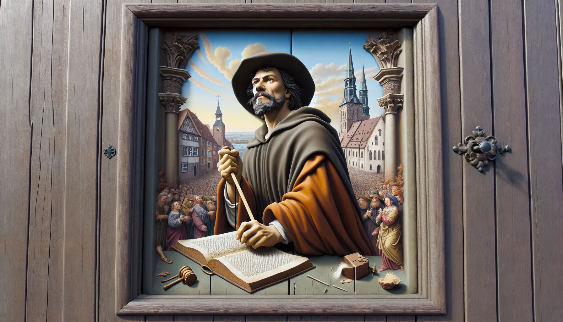 La imagen muestra a Martín Lutero clavando sus 95 tesis en la puerta de la iglesia de Wittenberg, simbolizando el inicio de la Reforma Protestante.