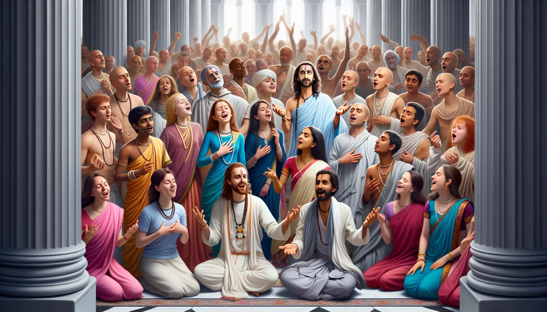 Imagen ilustrativa de devotos de la comunidad Hare Krishna cantando y bailando en un templo, reflejando la espiritualidad y devoción de esta religión.