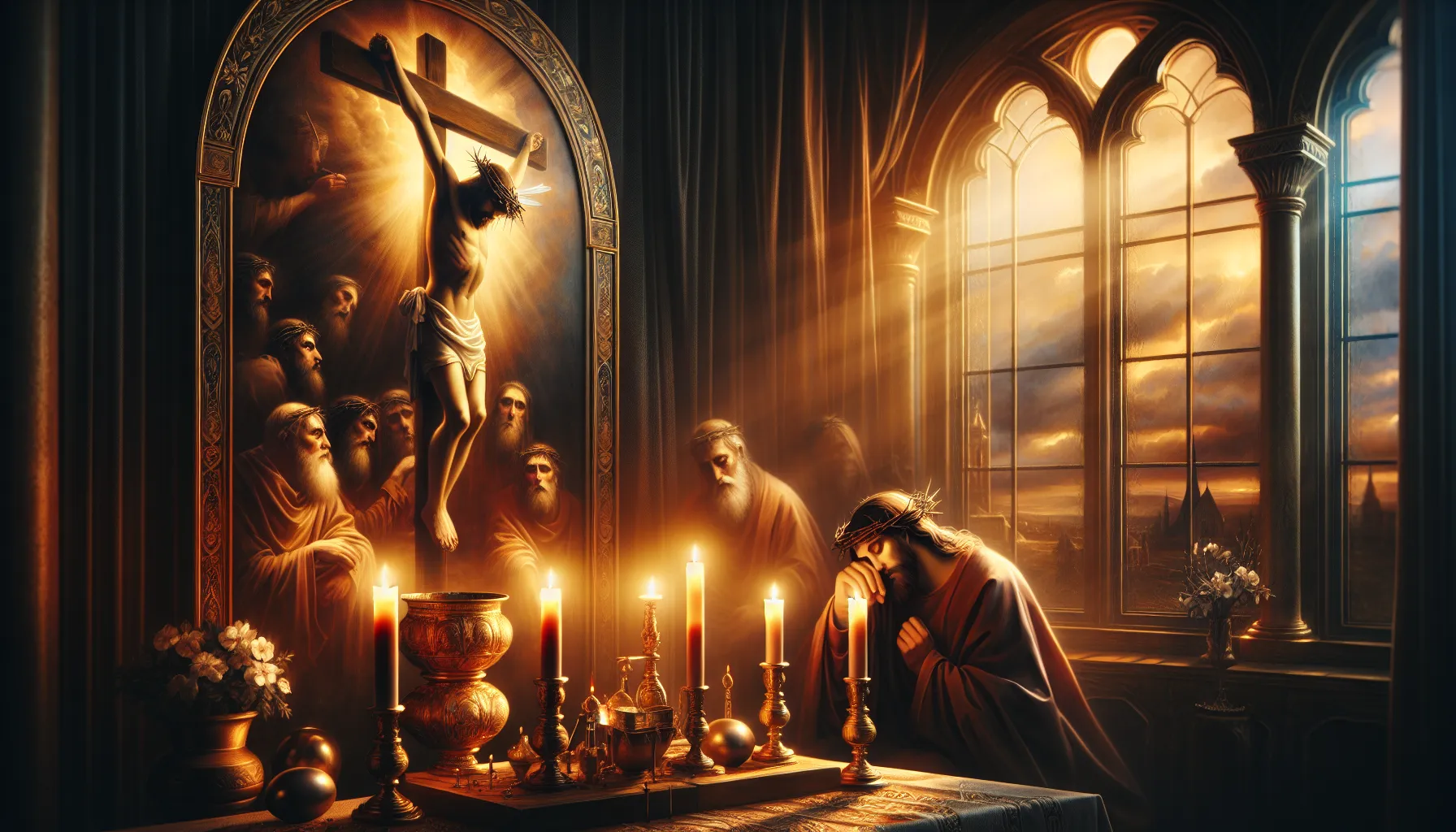 Representación artística del Sábado Santo en la tradición cristiana. Imagen de luto y reflexión en el calendario litúrgico.