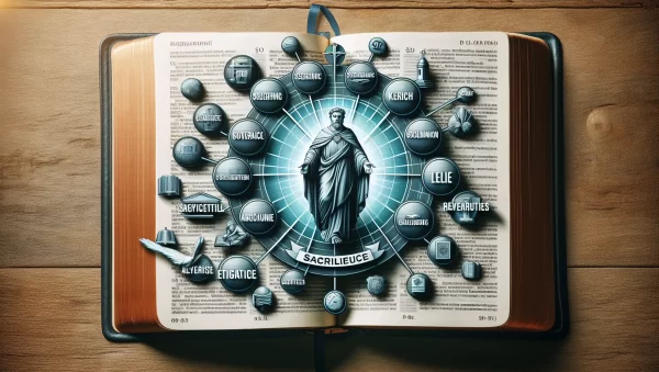 Imagen ilustrativa de una Biblia abierta con palabras clave relacionadas con el sacrilegio