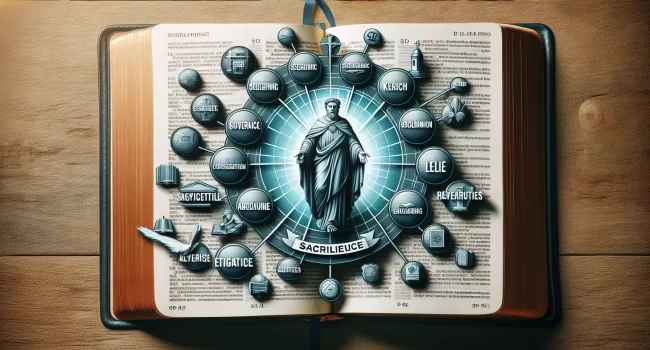 Imagen ilustrativa de una Biblia abierta con palabras clave relacionadas con el sacrilegio