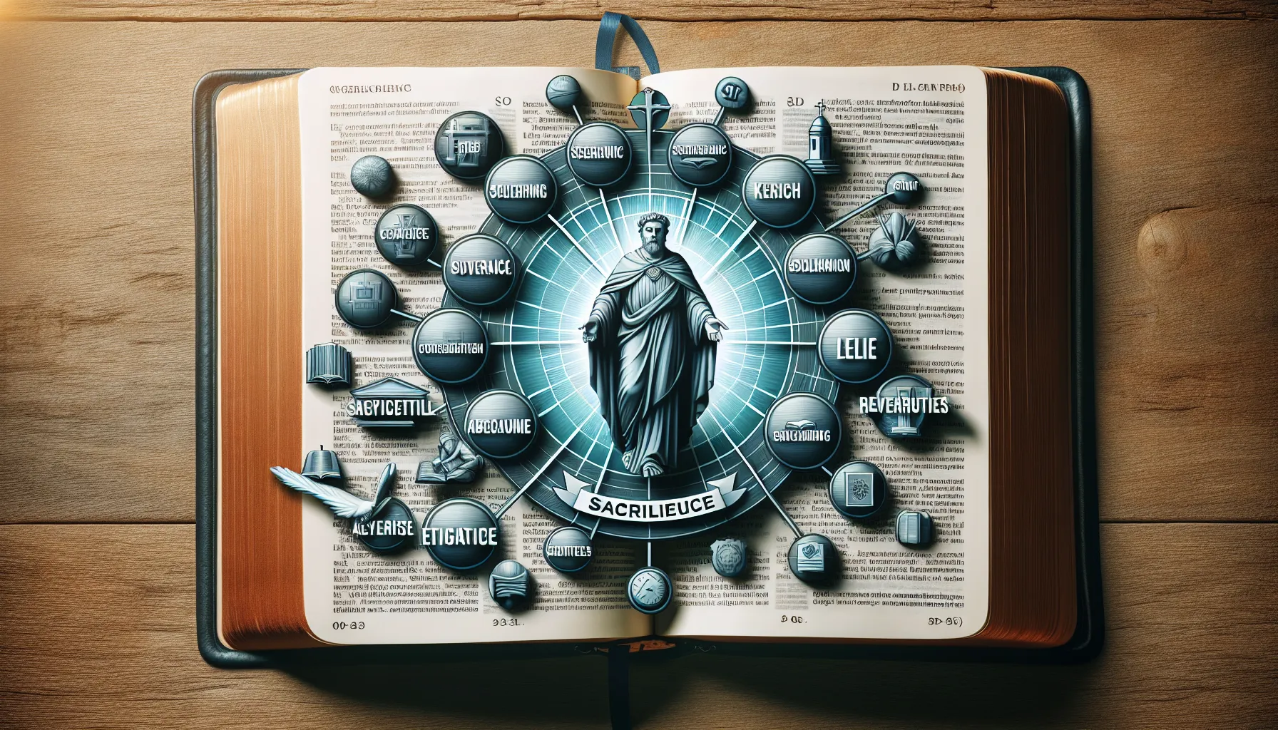 Imagen ilustrativa de una Biblia abierta con palabras clave relacionadas con el sacrilegio