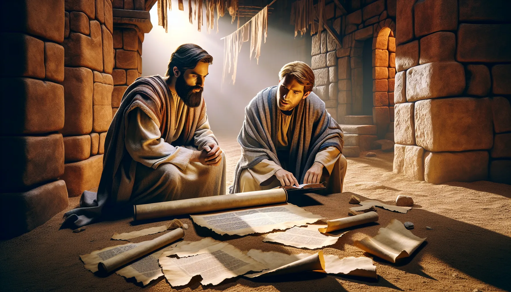 Dos figuras de hombres discutiendo sobre textos bíblicos en la antigua Judea