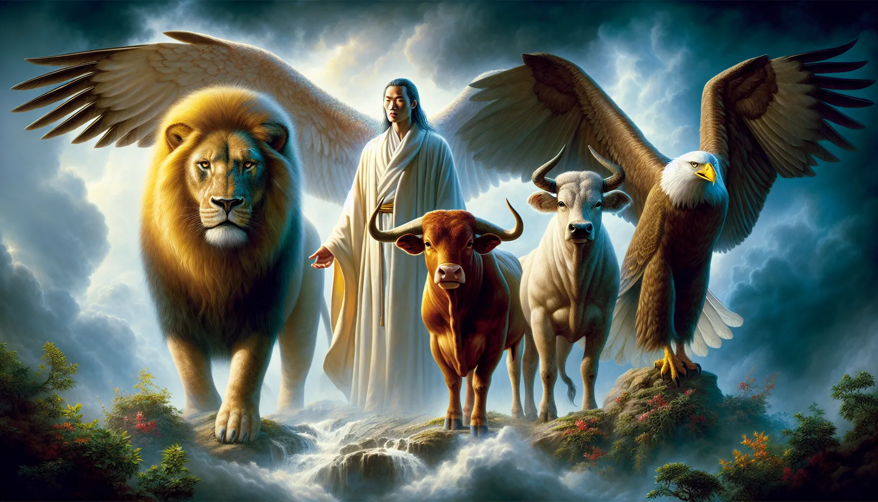 Representación artística de los cuatro seres vivientes del Libro del Apocalipsis: el león, el buey, el hombre y el águila.