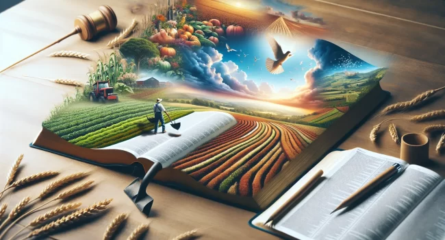 Una imagen que representa la Biblia junto con imágenes de siembra y cosecha
