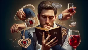 Imagen de una persona leyendo la Biblia y reflexionando sobre su relación con los placeres mundanos.