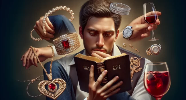 Imagen de una persona leyendo la Biblia y reflexionando sobre su relación con los placeres mundanos.