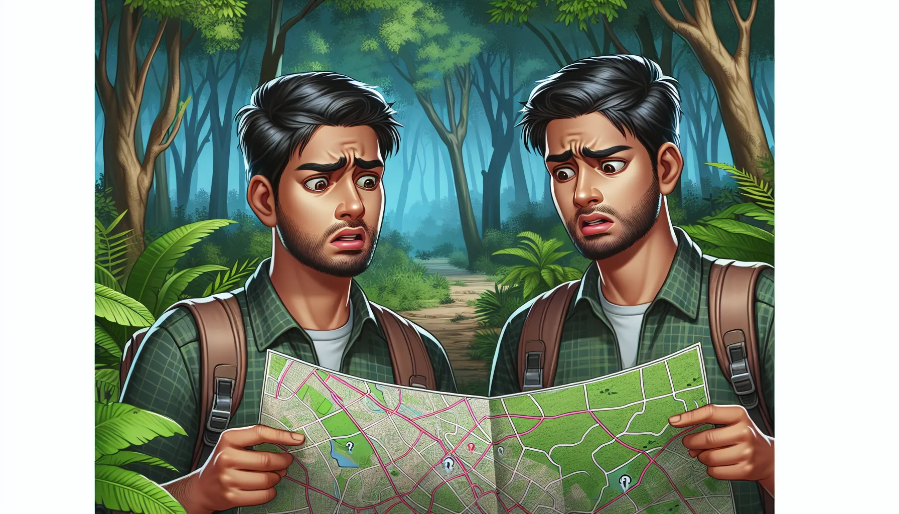 Imagen: Ilustración de una persona mirando un mapa con expresión de confusión en medio de un bosque, resaltando la importancia de una guía para evitar perderse.