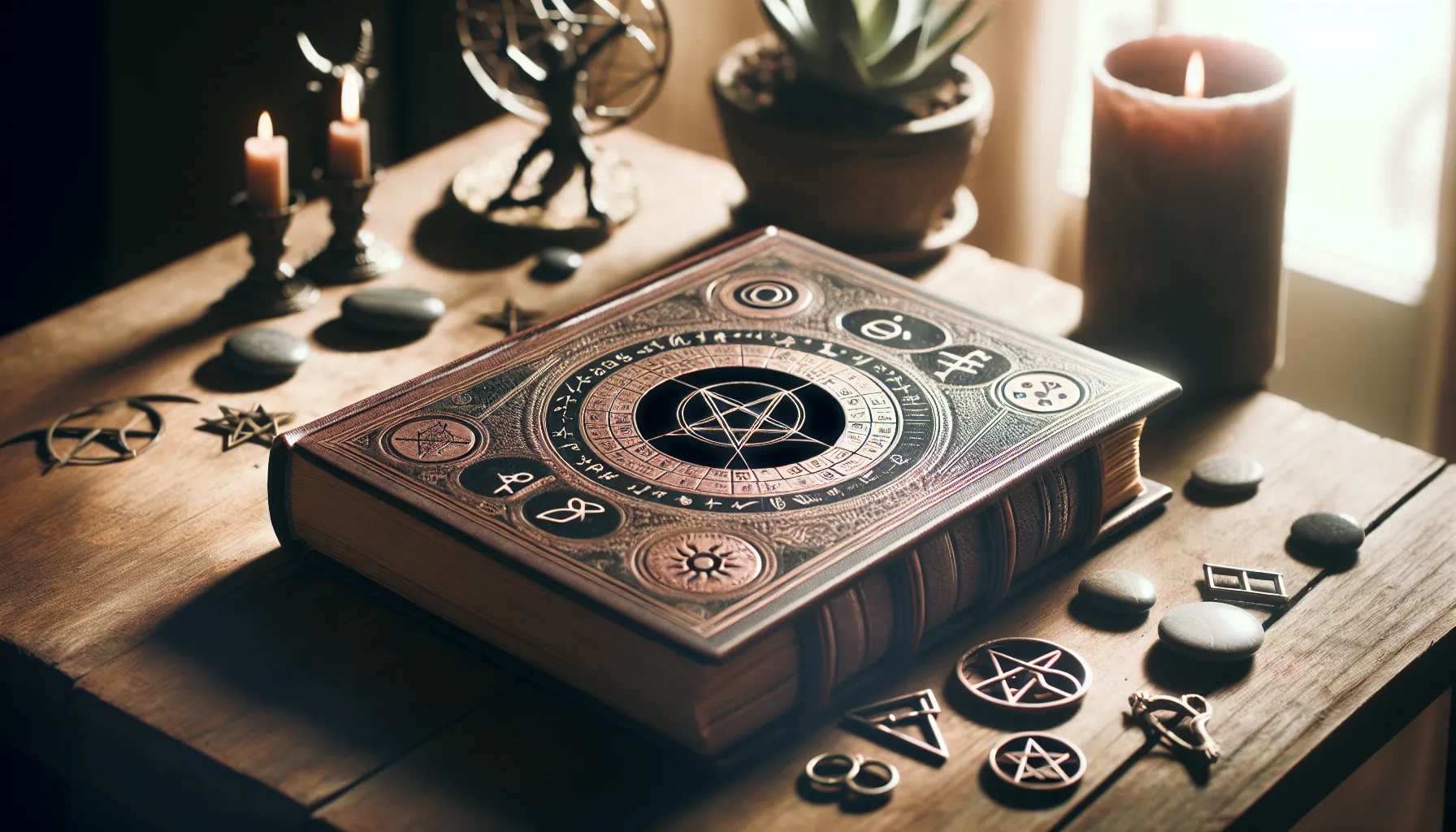 Representación de un libro abierto con símbolos místicos en una mesa