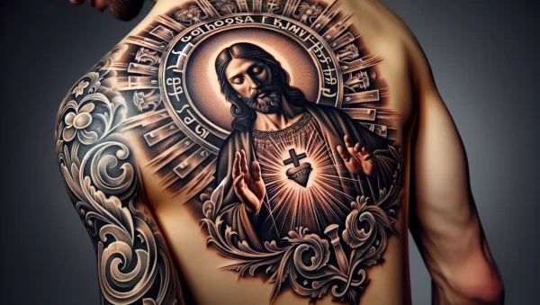 Imagen de un tatuaje religioso con un mensaje cristiano en la piel de una persona.