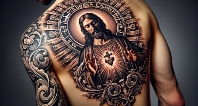 Imagen de un tatuaje religioso con un mensaje cristiano en la piel de una persona.