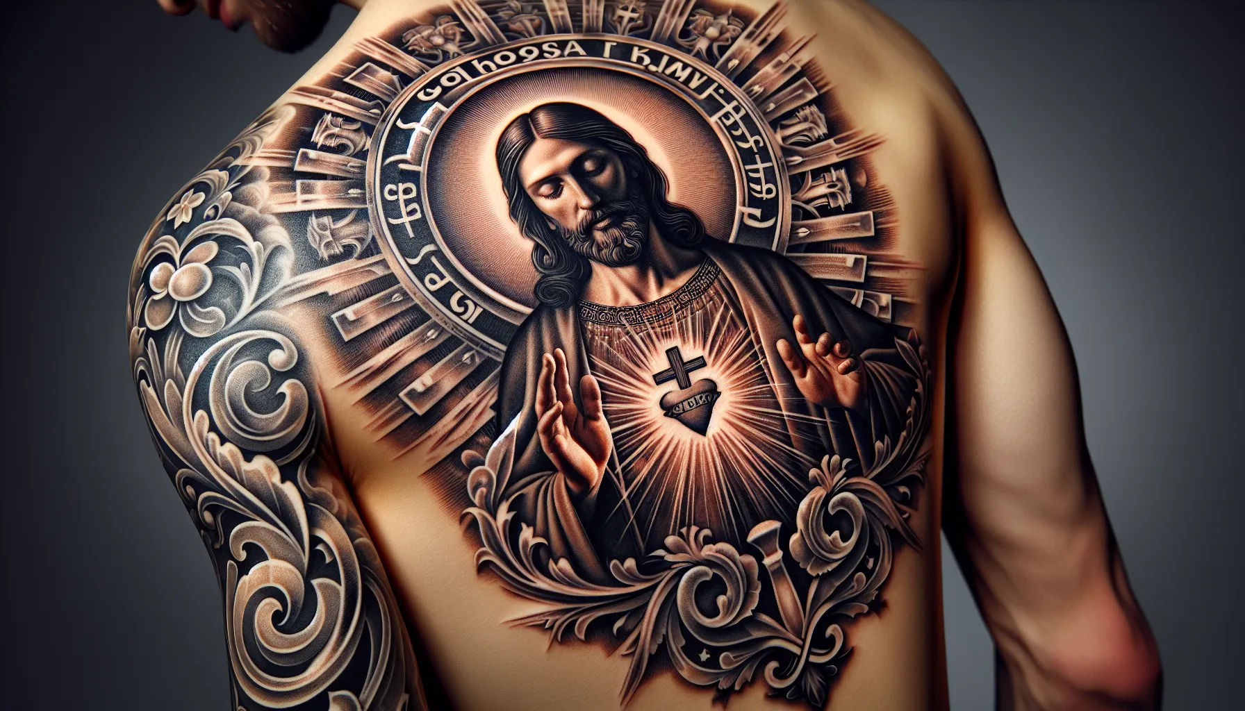 Imagen de un tatuaje religioso con un mensaje cristiano en la piel de una persona.