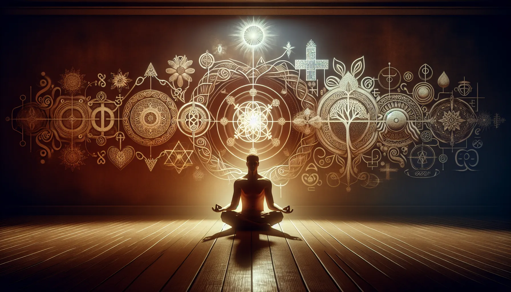 Imagen de un teísta en meditación con símbolos religiosos de fondo.