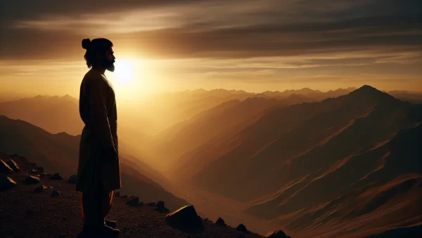 Un hombre en la cima de una montaña contempla el horizonte con respeto y reverencia