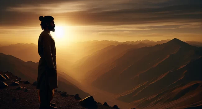 Un hombre en la cima de una montaña contempla el horizonte con respeto y reverencia