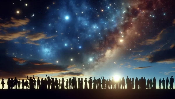 Imagen de un hermoso cielo estrellado con siluetas de personas mirando hacia arriba