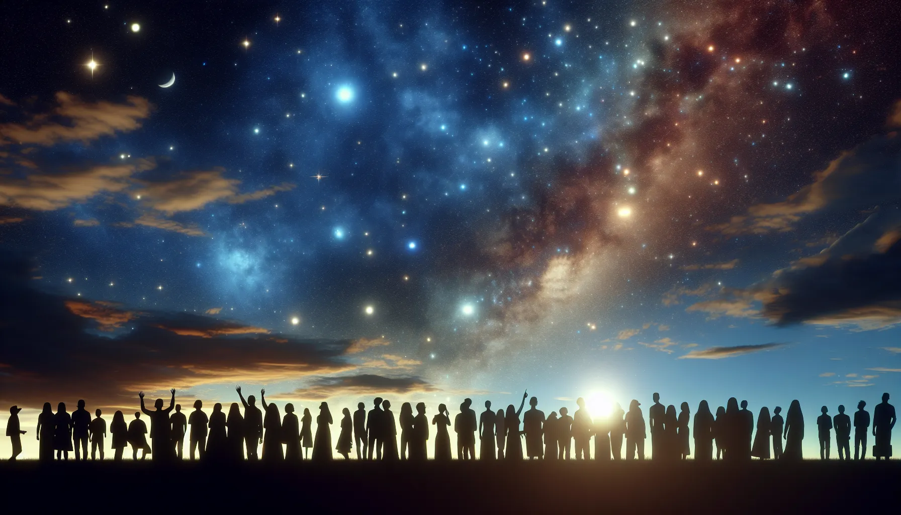 Imagen de un hermoso cielo estrellado con siluetas de personas mirando hacia arriba