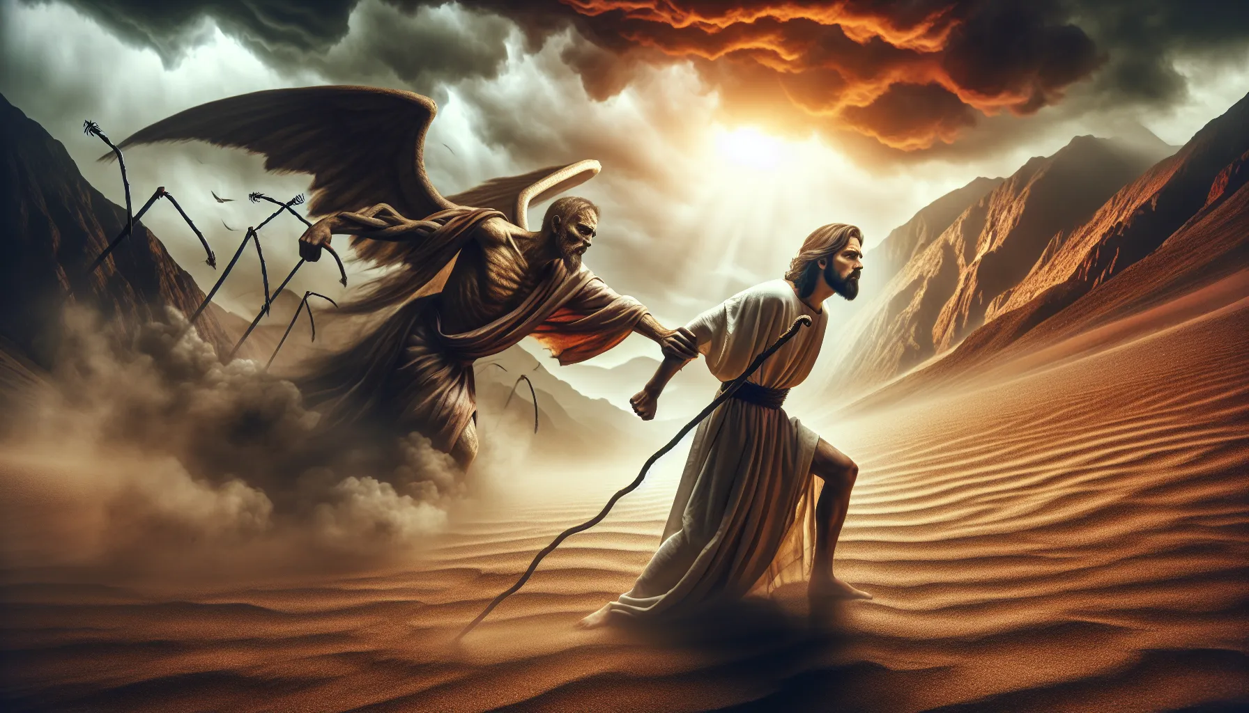 Representación artística de Jesús resistiendo a las tentaciones en el desierto, simbolizando su fortaleza espiritual y determinación en la fe.