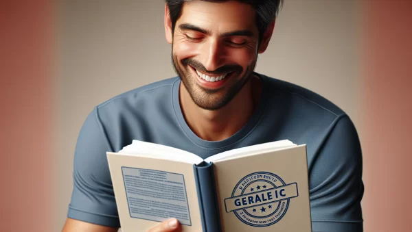 Imagen de un hombre sonriente leyendo un libro con el logo de Tertuliano en la portada