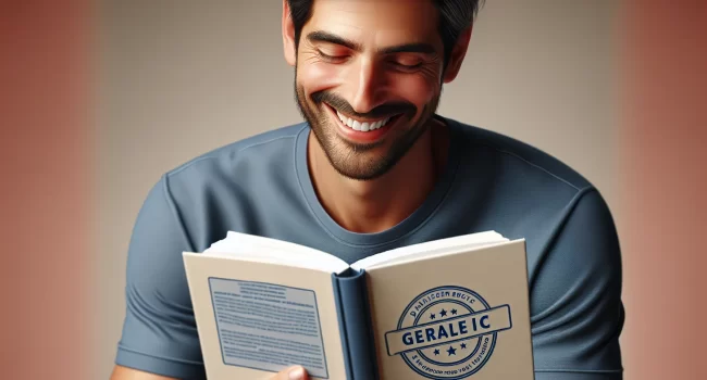 Imagen de un hombre sonriente leyendo un libro con el logo de Tertuliano en la portada