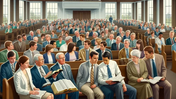 Imagen ilustrativa de una reunión de Testigos de Jehová en una iglesia