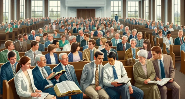 Imagen ilustrativa de una reunión de Testigos de Jehová en una iglesia