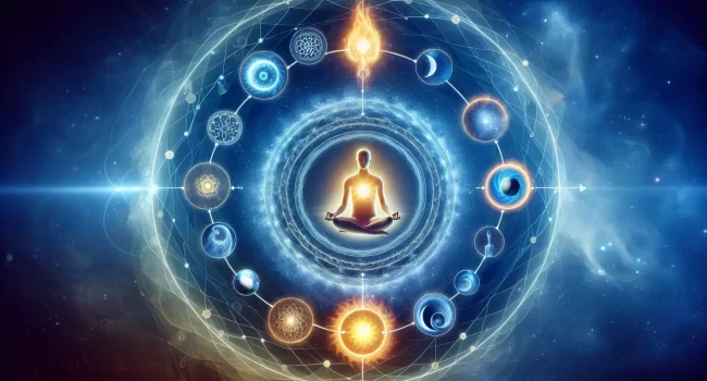 Imagen conceptual que representa la conexión entre la transmigración de almas y la reencarnación en un círculo interconectado de energía y transformación espiritual.