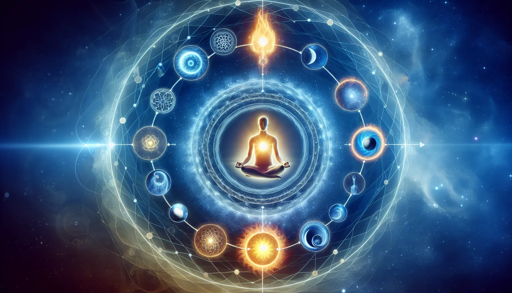 Imagen conceptual que representa la conexión entre la transmigración de almas y la reencarnación en un círculo interconectado de energía y transformación espiritual.