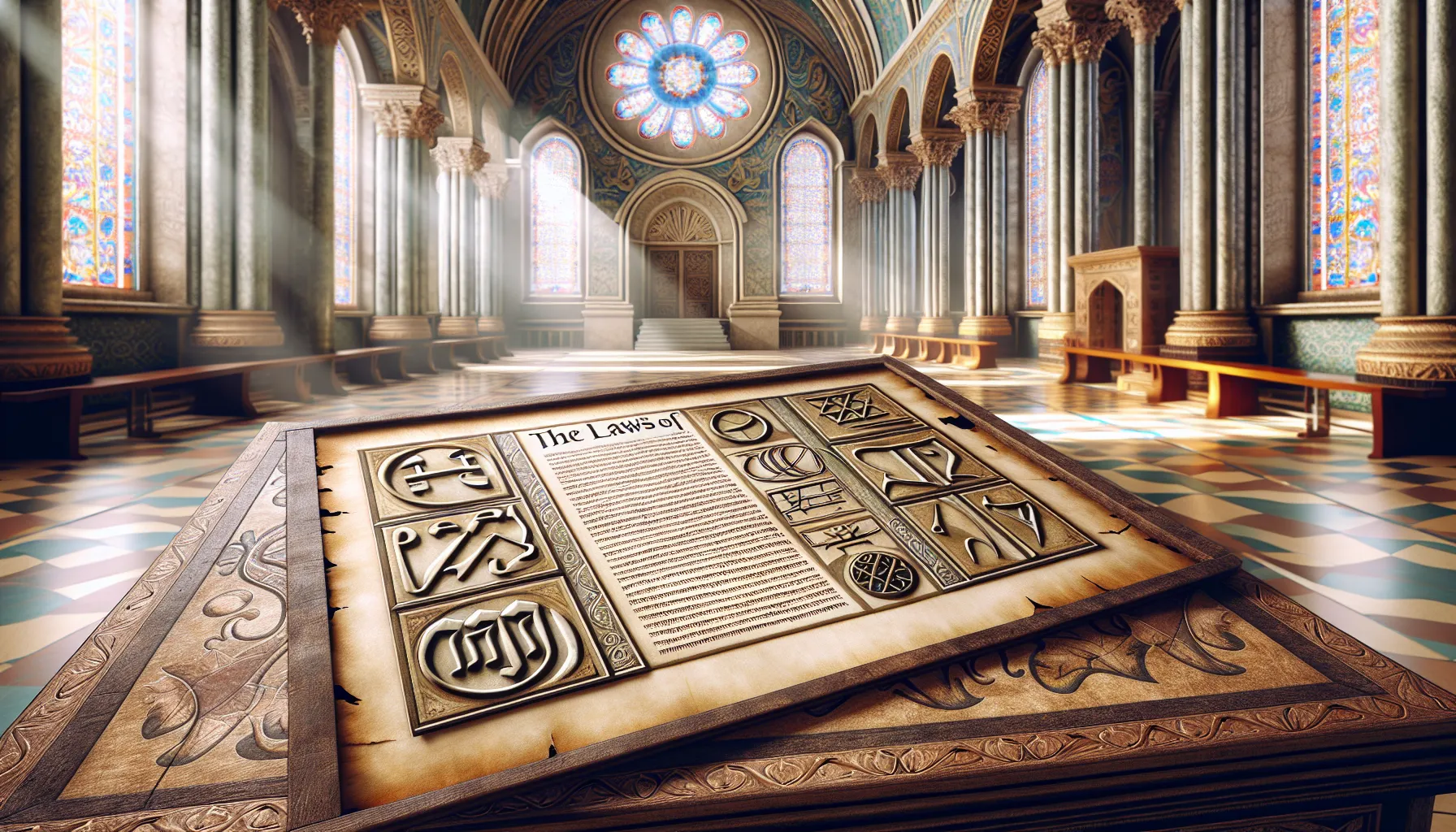 Imagen de un pergamino con una representación simbólica de la ley del Antiguo Testamento en una iglesia.