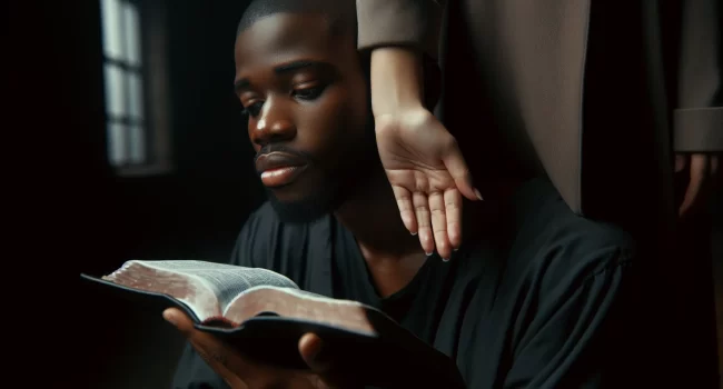 Imagen de una persona leyendo la Biblia con gesto de tristeza