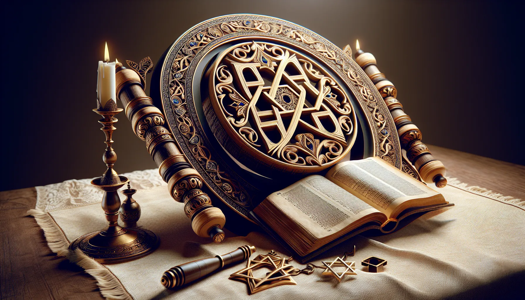 Imagen representativa del Judaísmo con símbolos religiosos y una Torá abierta