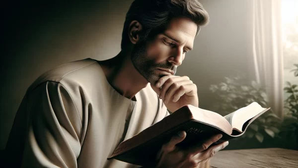 Imagen de un hombre leyendo la Biblia y reflexionando sobre su papel como líder y protector según la enseñanza bíblica.