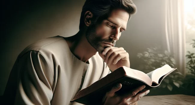 Imagen de un hombre leyendo la Biblia y reflexionando sobre su papel como líder y protector según la enseñanza bíblica.