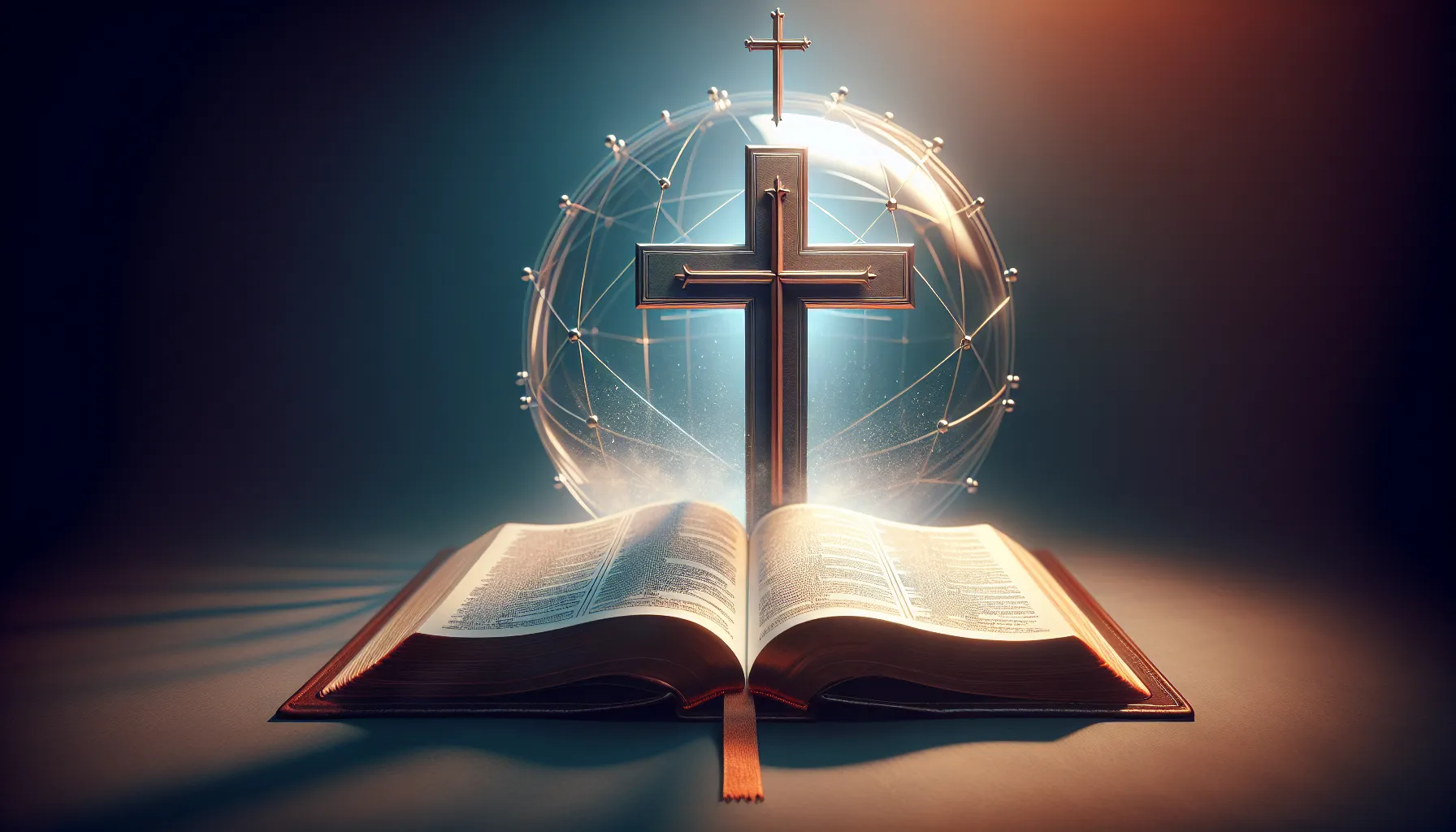 Imagen de un libro abierto con una Biblia y una cruz en el fondo