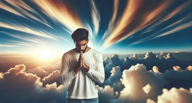 Imagen de una persona orando con las manos juntas y un fondo de cielo azul con nubes blancas