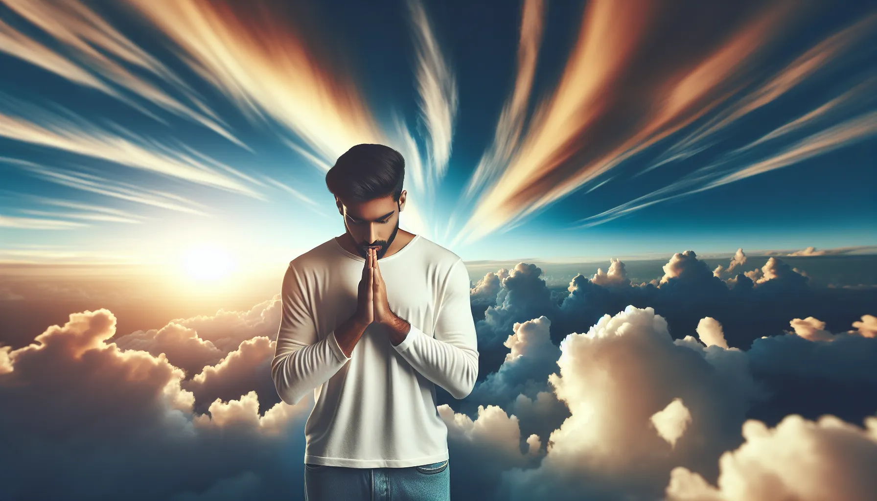 Imagen de una persona orando con las manos juntas y un fondo de cielo azul con nubes blancas