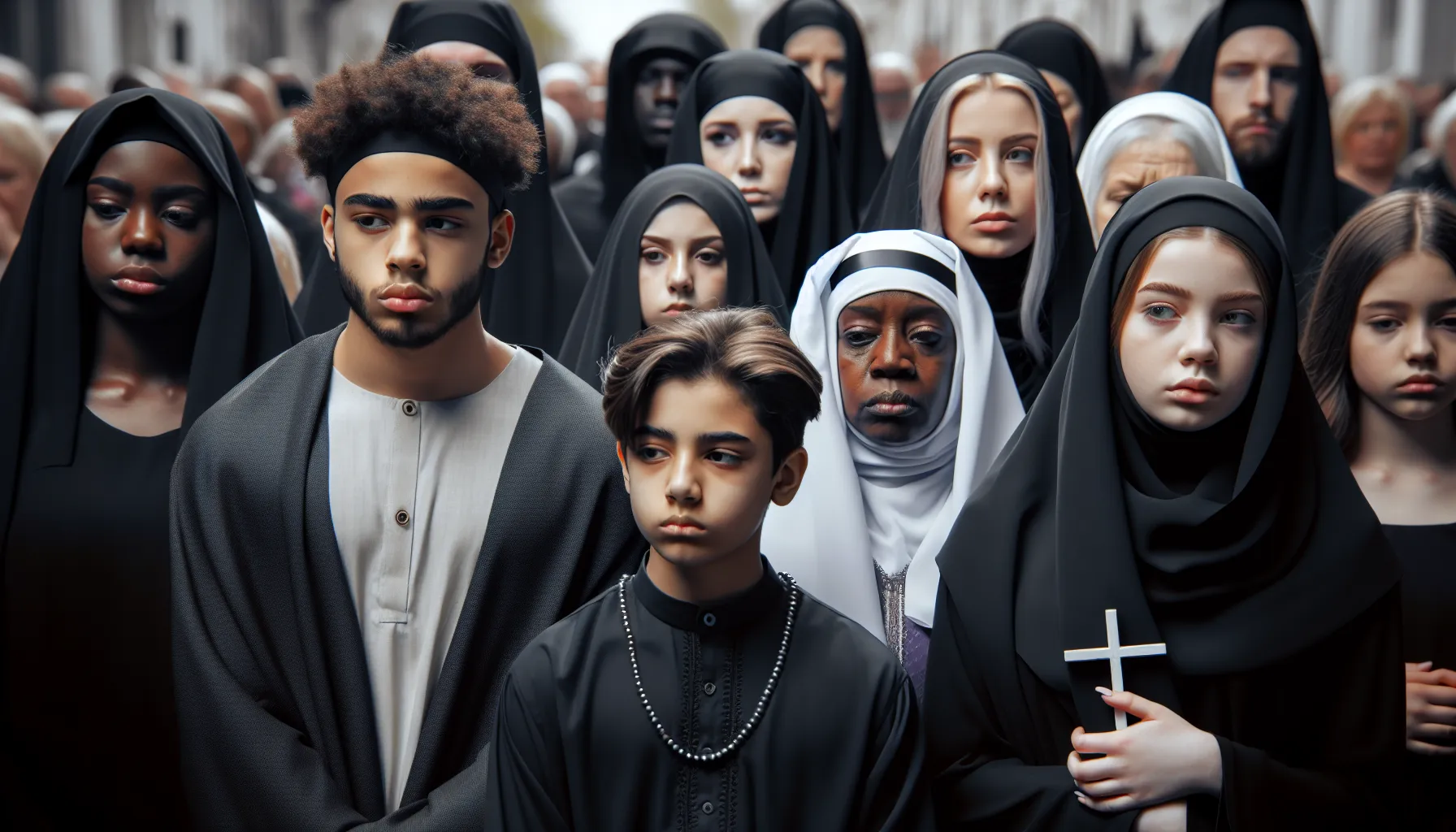 Imagen ilustrativa de una procesión religiosa durante el Viernes Santo, con personas vestidas de luto y una atmósfera solemne.