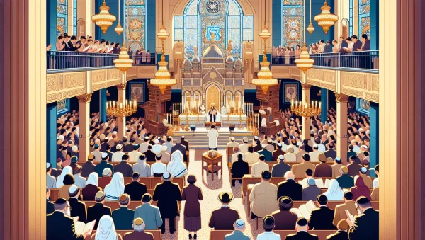 Imagen ilustrativa de una sinagoga llena de personas que participan en una ceremonia de oración durante Yom Kippur