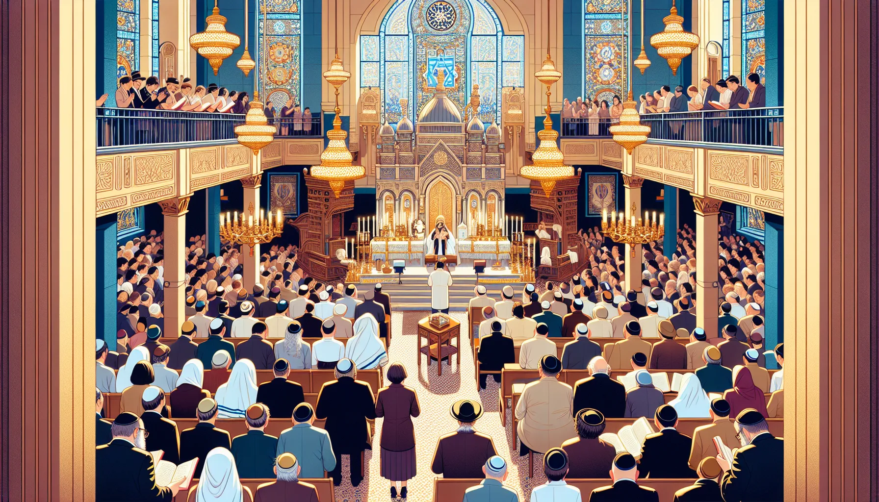 Imagen ilustrativa de una sinagoga llena de personas que participan en una ceremonia de oración durante Yom Kippur