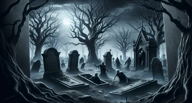 Representación artística de un cementerio oscuro con tumbas abiertas y figuras de aspecto aterrador emergiendo